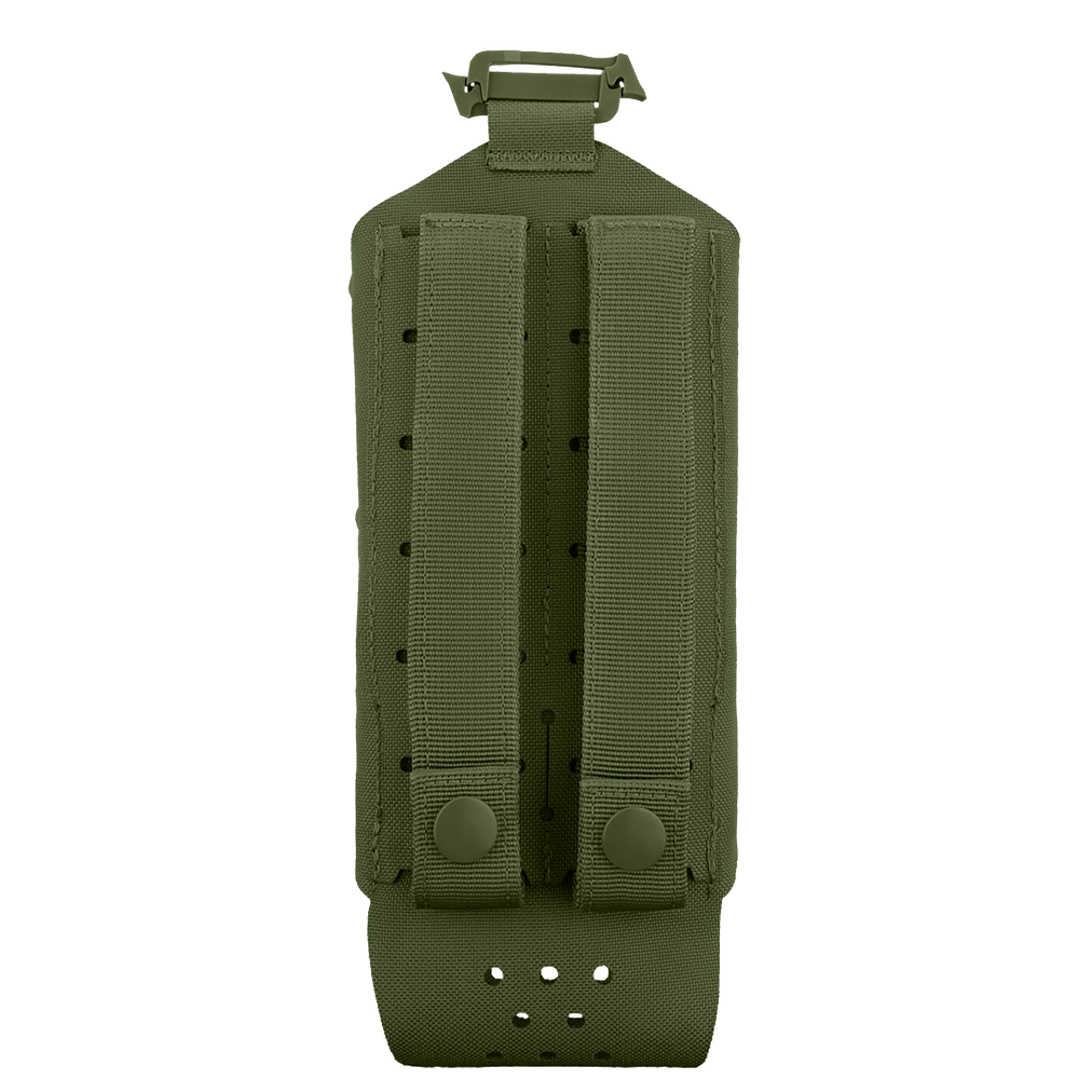 The Condor LACE Everything Pouch is an olive green MOLLE pouch with two vertical straps and snap buttons on the back, designed for easy attachment to compatible gear.