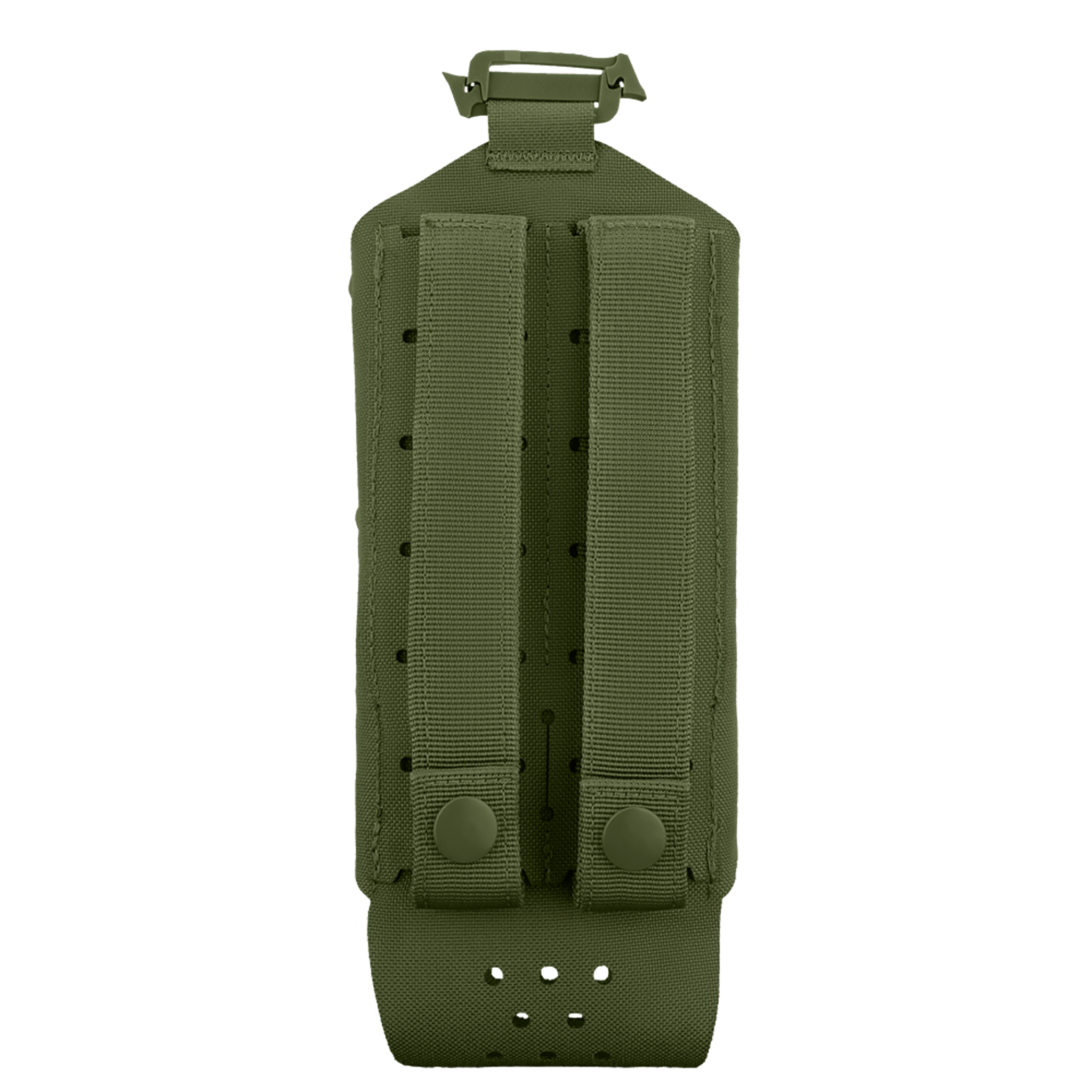 The Condor LACE Everything Pouch is an olive green tactical pouch with two vertical straps and snap buttons on the back, designed for easy attachment to your gear or equipment.