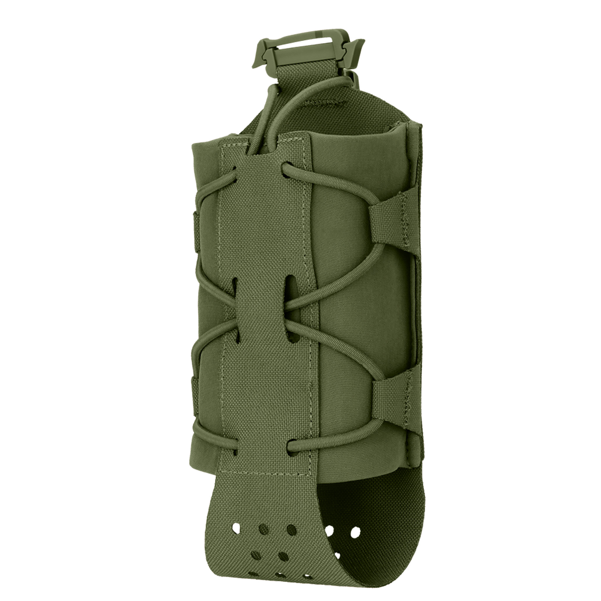 The Condor LACE Everything Pouch is an olive green tactical pouch with elastic lacing, top buckle closure, and a perforated bottom, ideal for carrying a bottle or similar items.