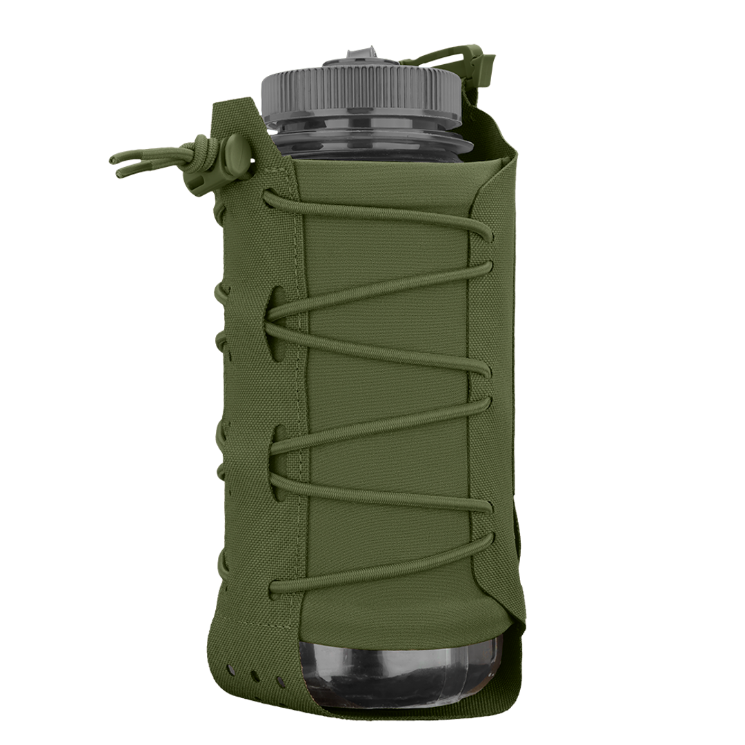 The Condor LACE Everything Pouch features a transparent water bottle with a gray lid, encased in an olive green fabric sleeve secured by crisscross lacing.