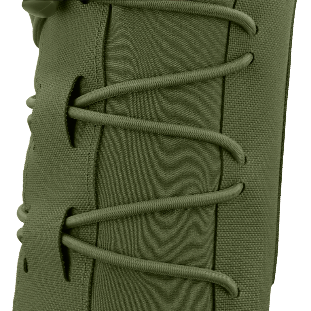 Close-up of the Condor LACE Everything Pouch in olive green, featuring crisscrossed laces threaded through eyelets, evoking the look of a boot or shoe.