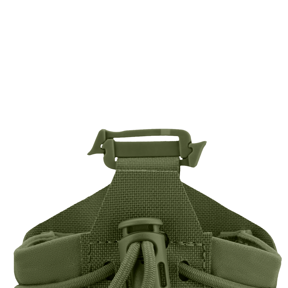 Close-up of the Condor LACE Everything Pouch’s olive green nylon strap with a plastic buckle and drawstring cord, set against a plain white background.