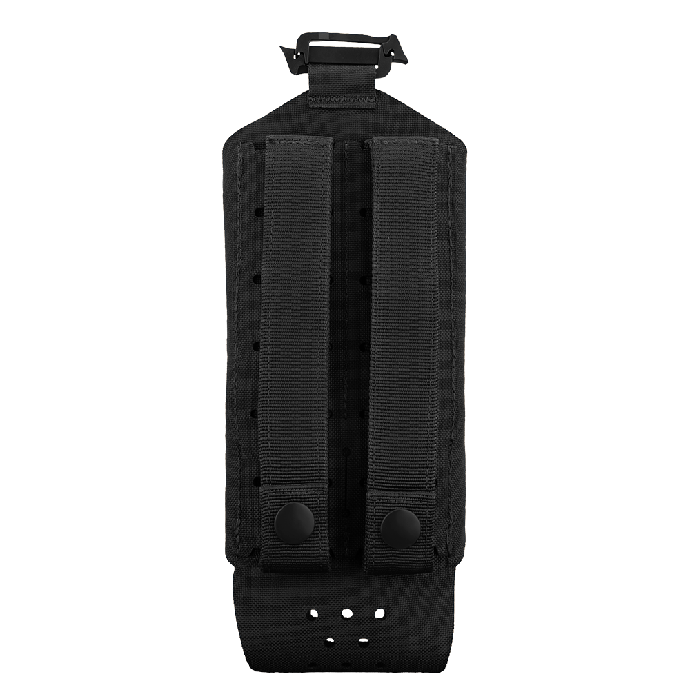 The Condor LACE Everything Pouch is a black fabric pouch featuring two vertical straps and snap buttons on the back, designed for secure attachment to gear or equipment.