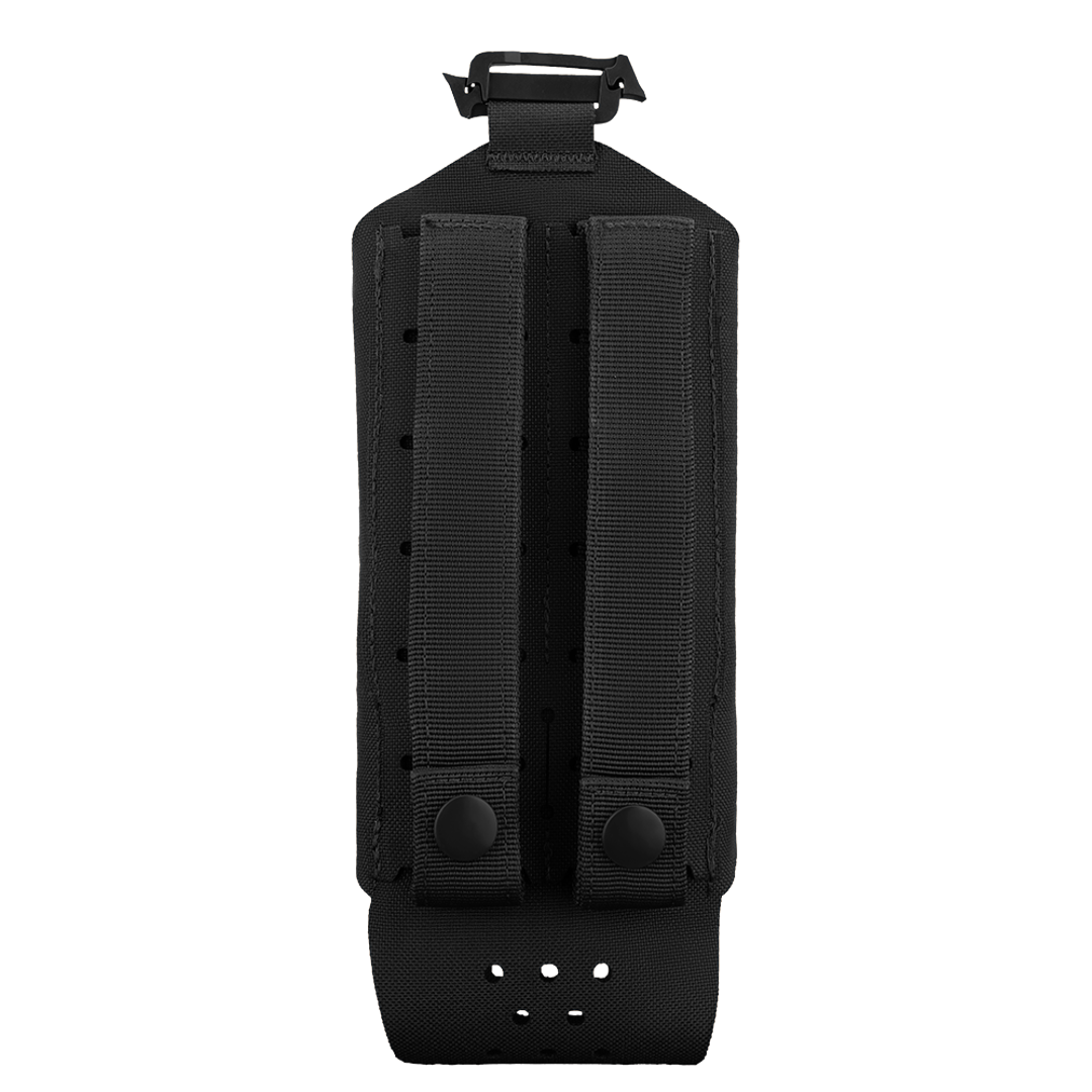 The Condor LACE Everything Pouch is a black fabric pouch featuring two vertical straps and snap buttons on the back, designed for secure attachment to gear or equipment.