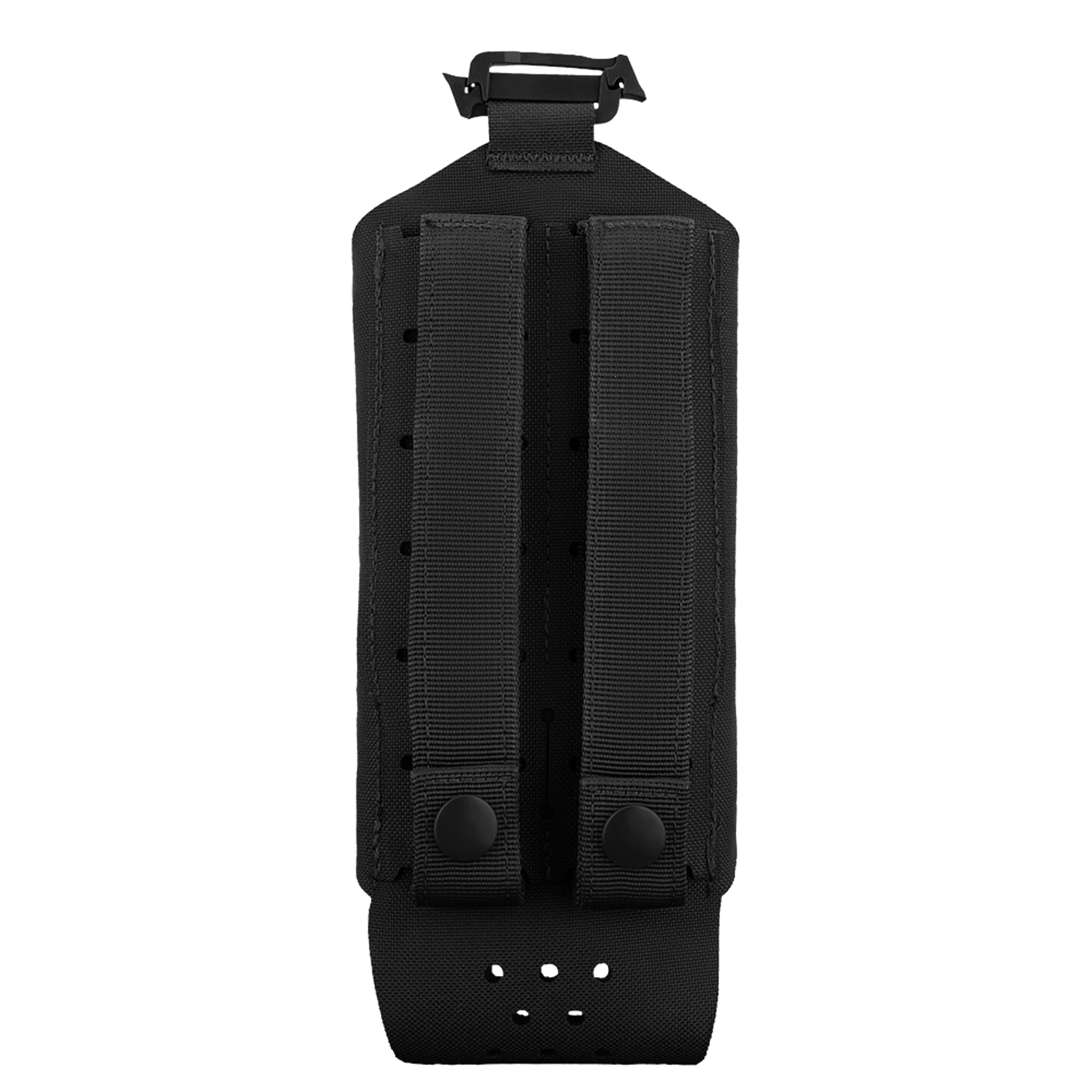 The Condor LACE Everything Pouch is a black nylon tactical pouch with two vertical straps and button snaps on the back, designed for easy attachment to gear or belts.