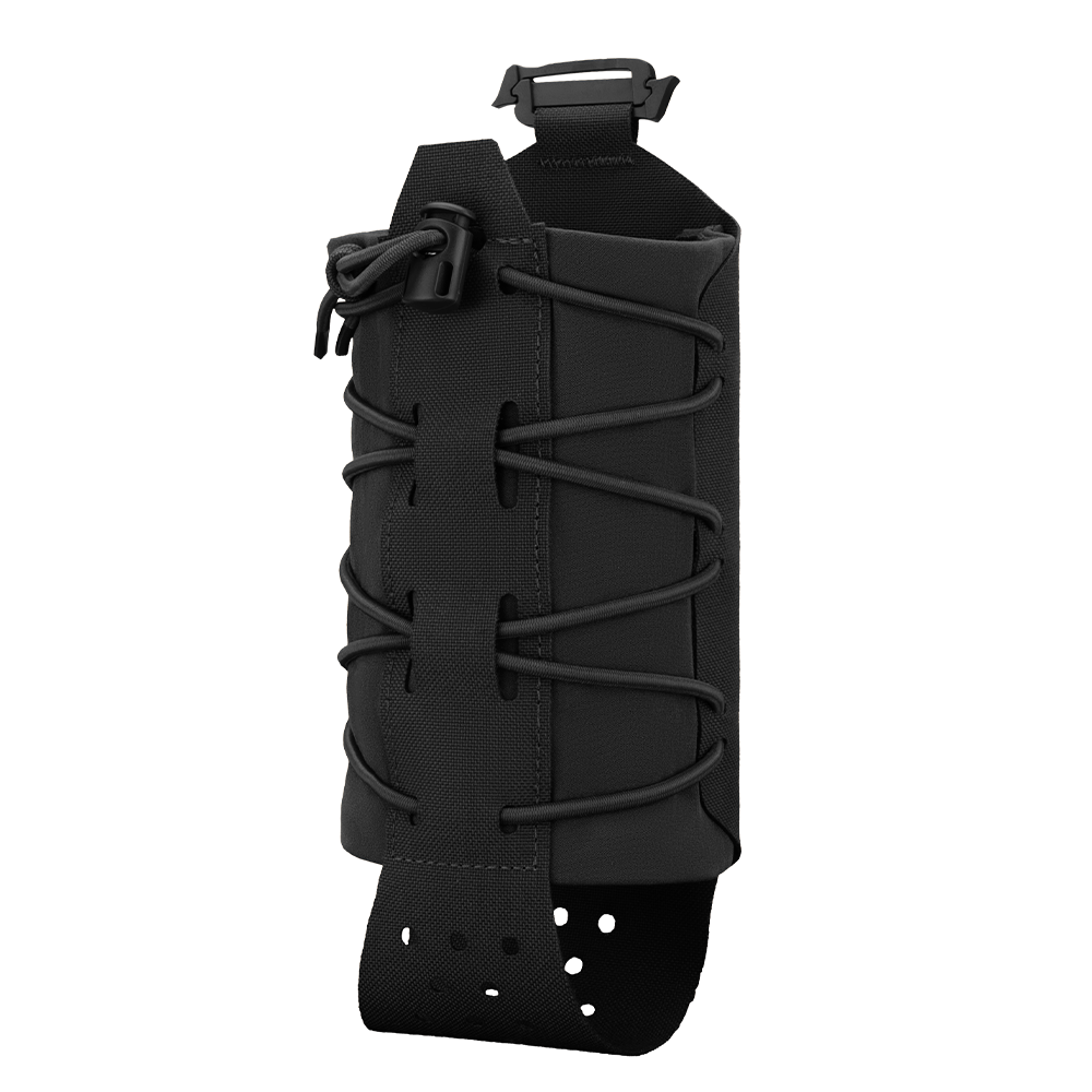 The Condor LACE Everything Pouch is a black tactical pouch with an adjustable bungee cord, buckle closure, and perforated strap, designed to carry small gear or bottles.
