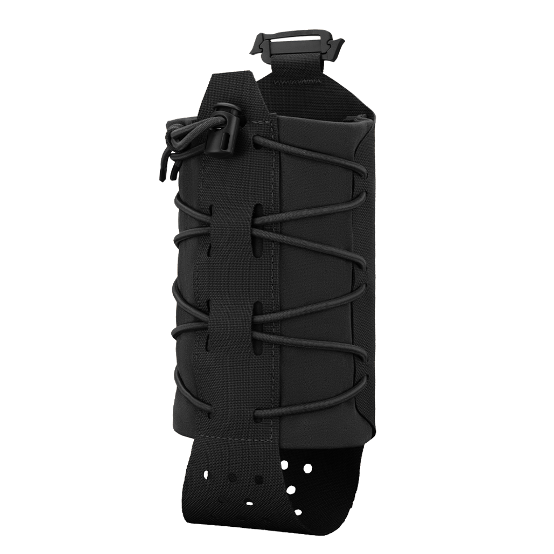 The Condor LACE Everything Pouch is a black tactical pouch with an adjustable bungee cord, buckle closure, and perforated strap, designed to carry small gear or bottles.