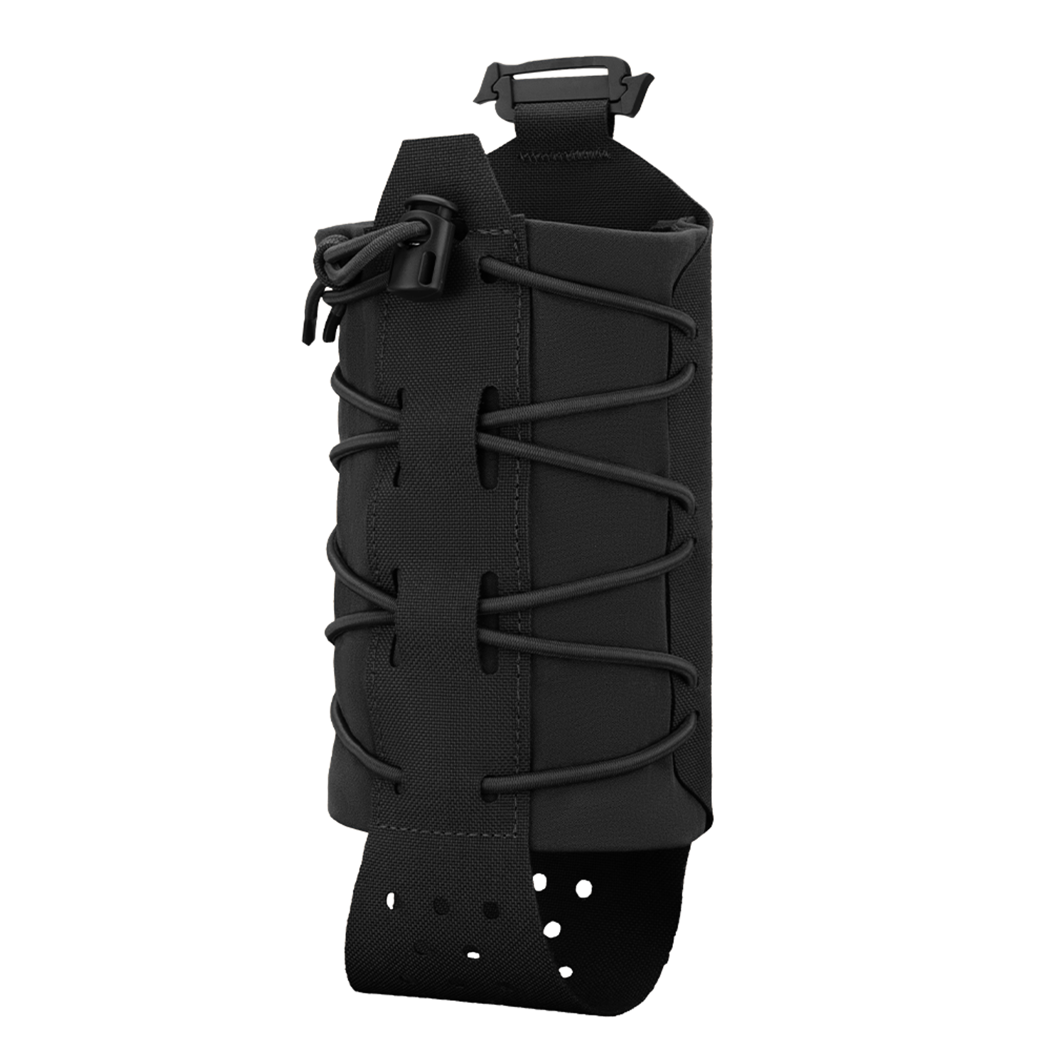 The Condor LACE Everything Pouch is a black tactical pouch with an adjustable bungee cord and buckle closure, ideal for carrying bottles or similar items.