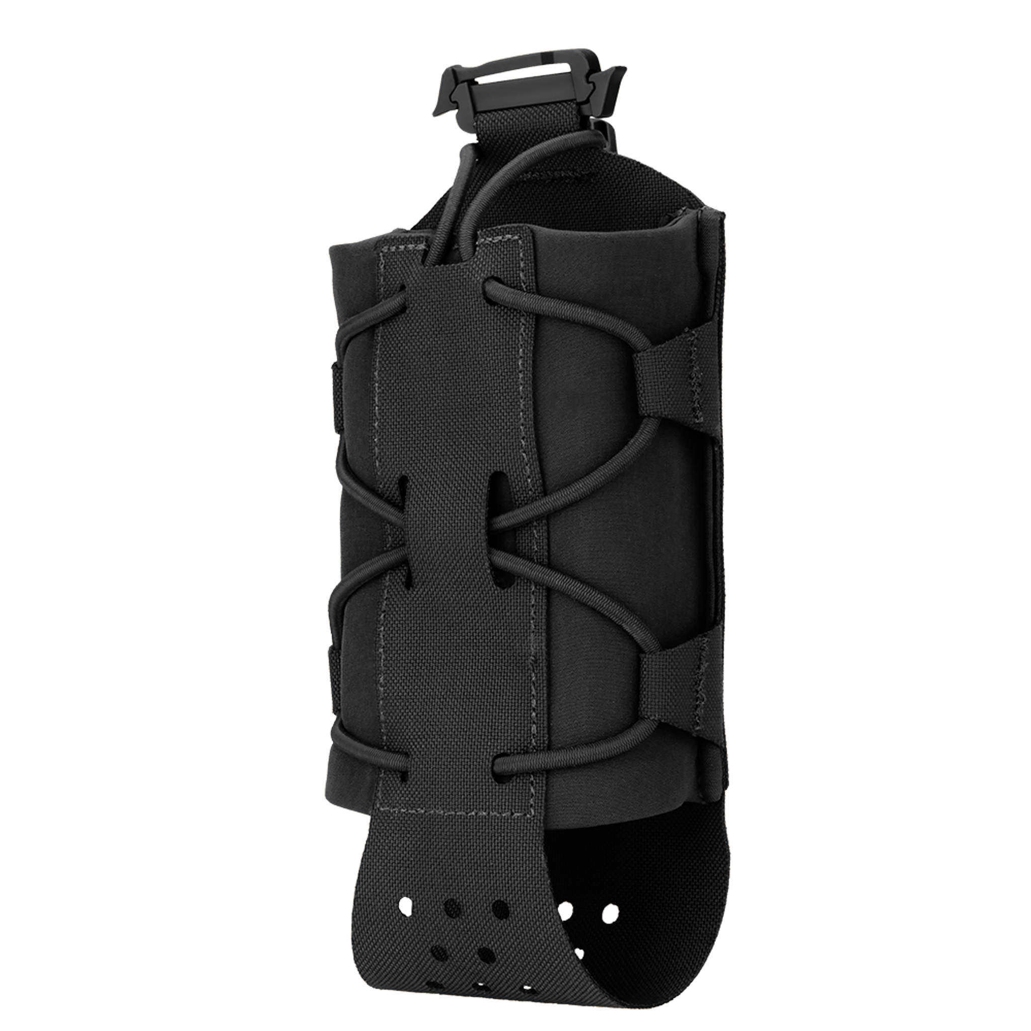 The Condor LACE Everything Pouch is a black, cylindrical fabric pouch featuring a laced front, perforated base, and top buckle closure.