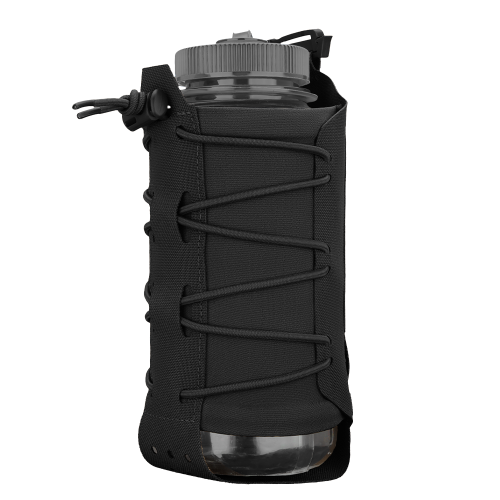 The Condor LACE Everything Pouch is a clear plastic bottle in a black fabric holder with a lace-up design, screw-on lid, and carrying loop.
