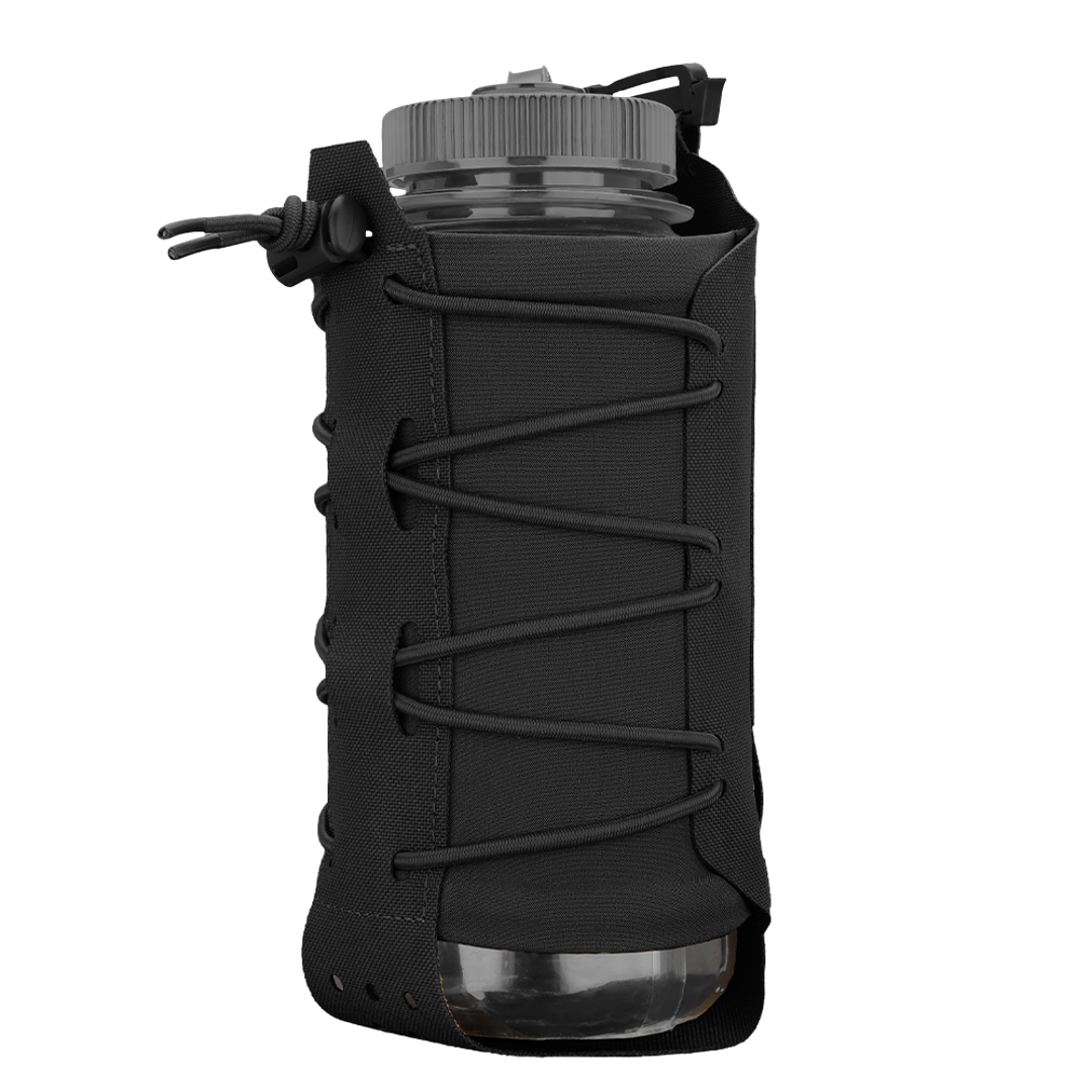 The Condor LACE Everything Pouch is a clear plastic bottle in a black fabric holder with a lace-up design, screw-on lid, and carrying loop.