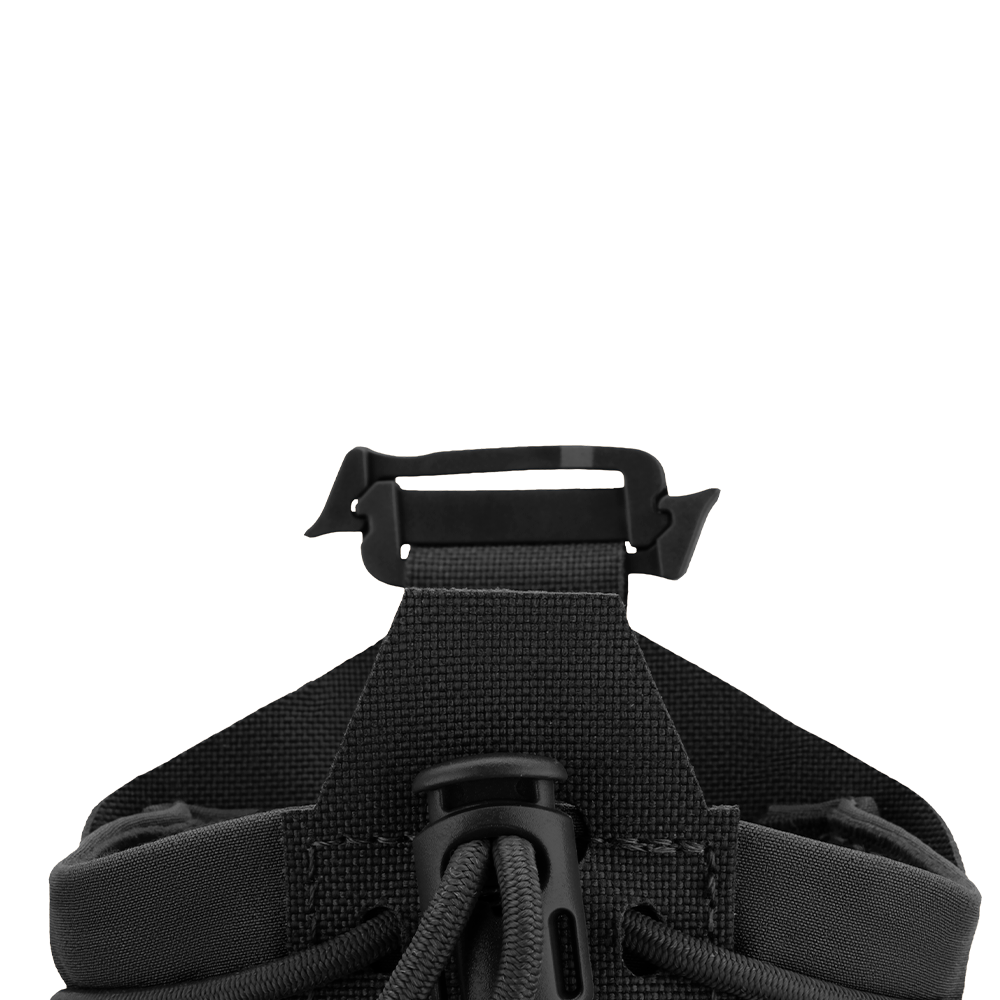 Close-up of the Condor LACE Everything Pouch's black drawstring fastening system featuring a plastic hook and fabric loops, set against a plain white background.