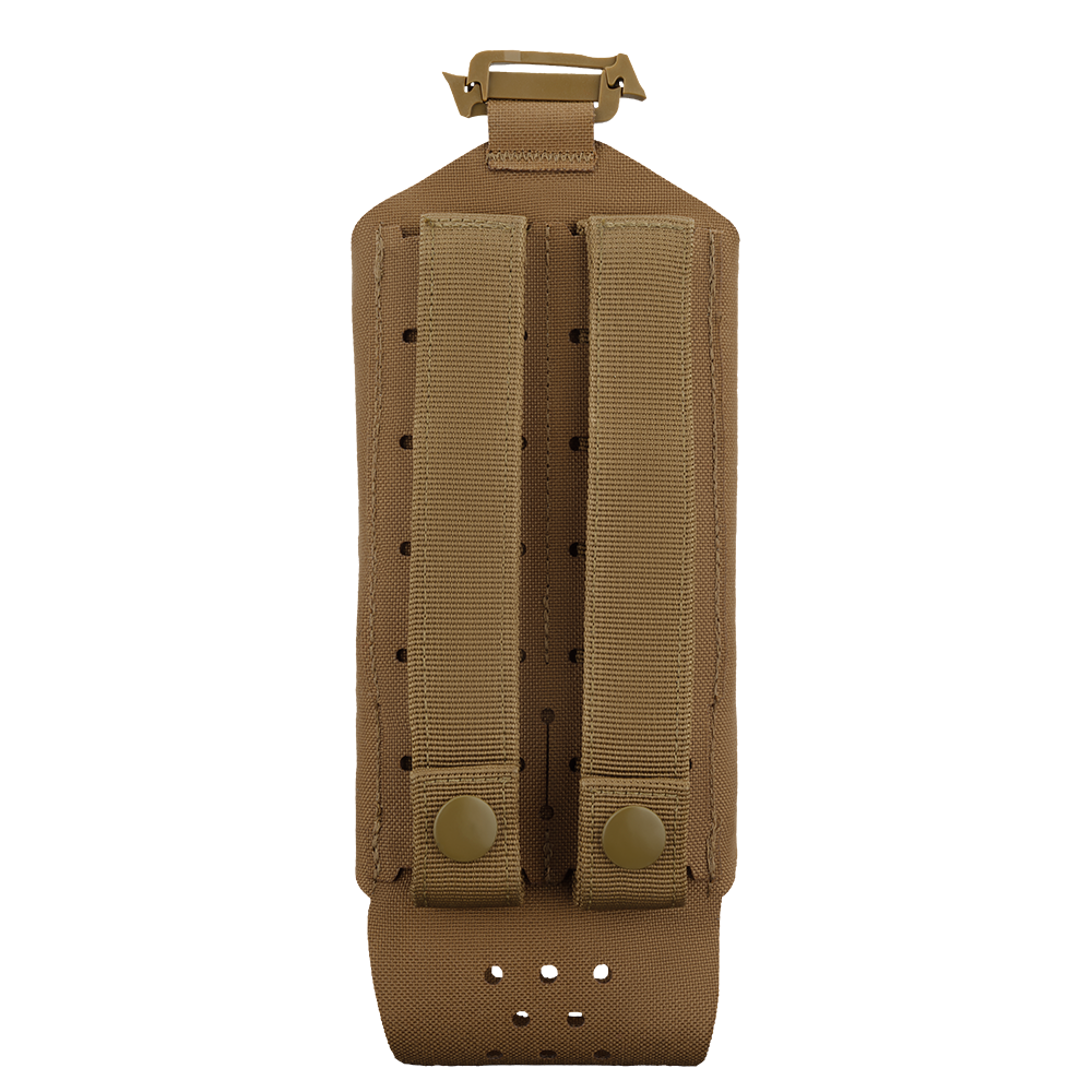 The Condor LACE Everything Pouch is a tan tactical pouch with two vertical straps and button closures on the back, designed for easy attachment to your gear or backpack.