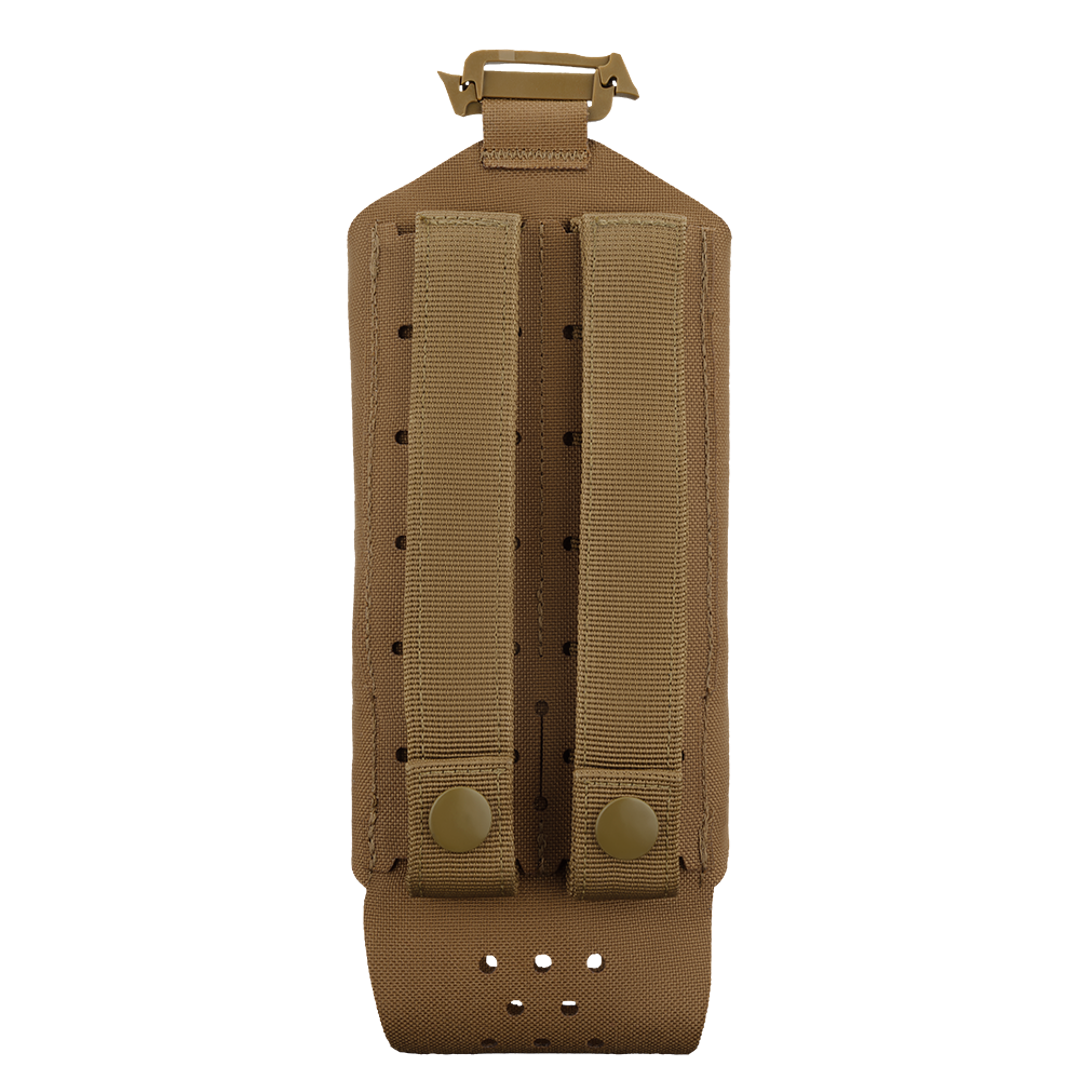 The Condor LACE Everything Pouch is a tan tactical pouch with two vertical straps and button closures on the back, designed for easy attachment to your gear or backpack.