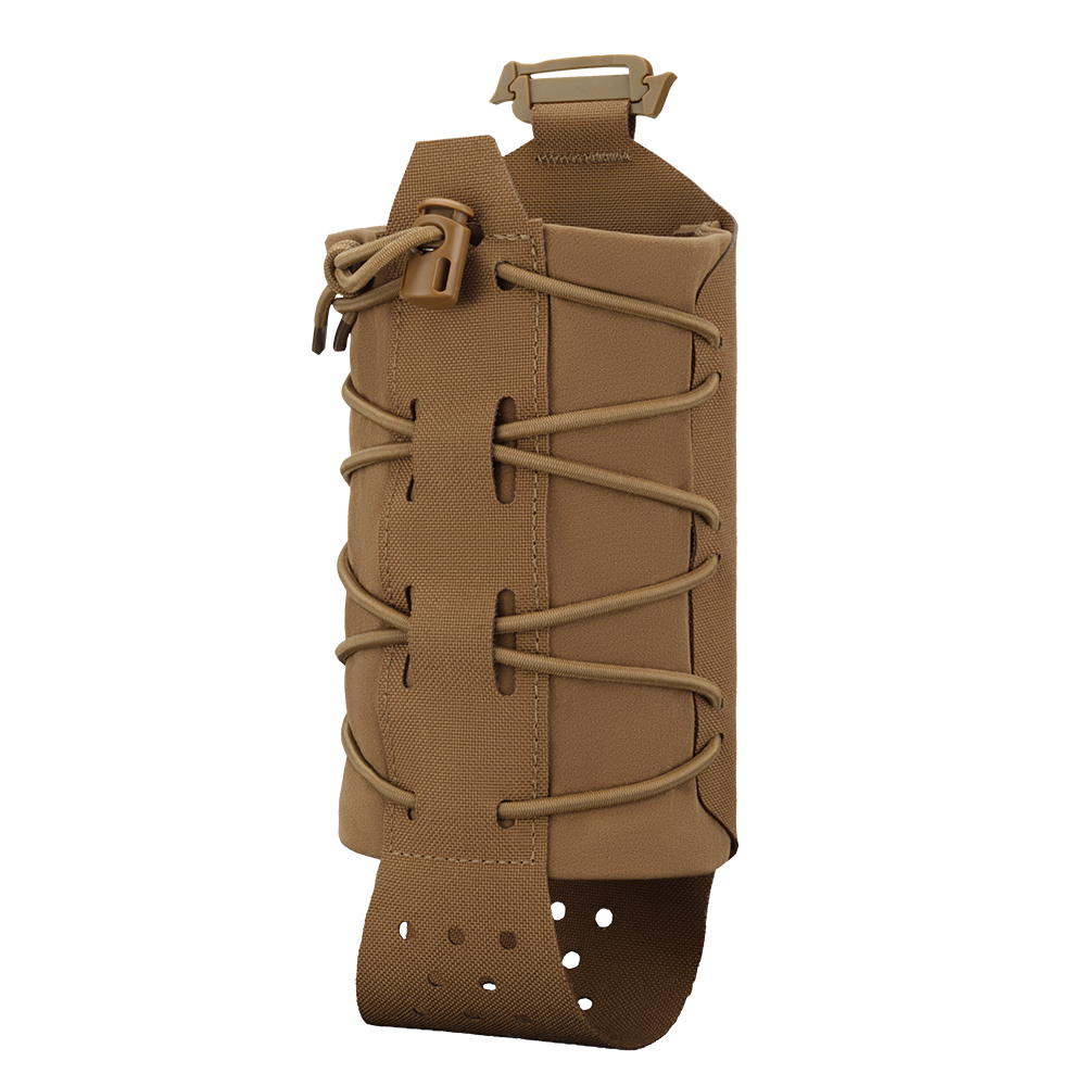 The Condor LACE Everything Pouch is a tan tactical pouch featuring adjustable bungee cord, buckle closure, and MOLLE-compatible straps, designed for holding magazines or similar items.