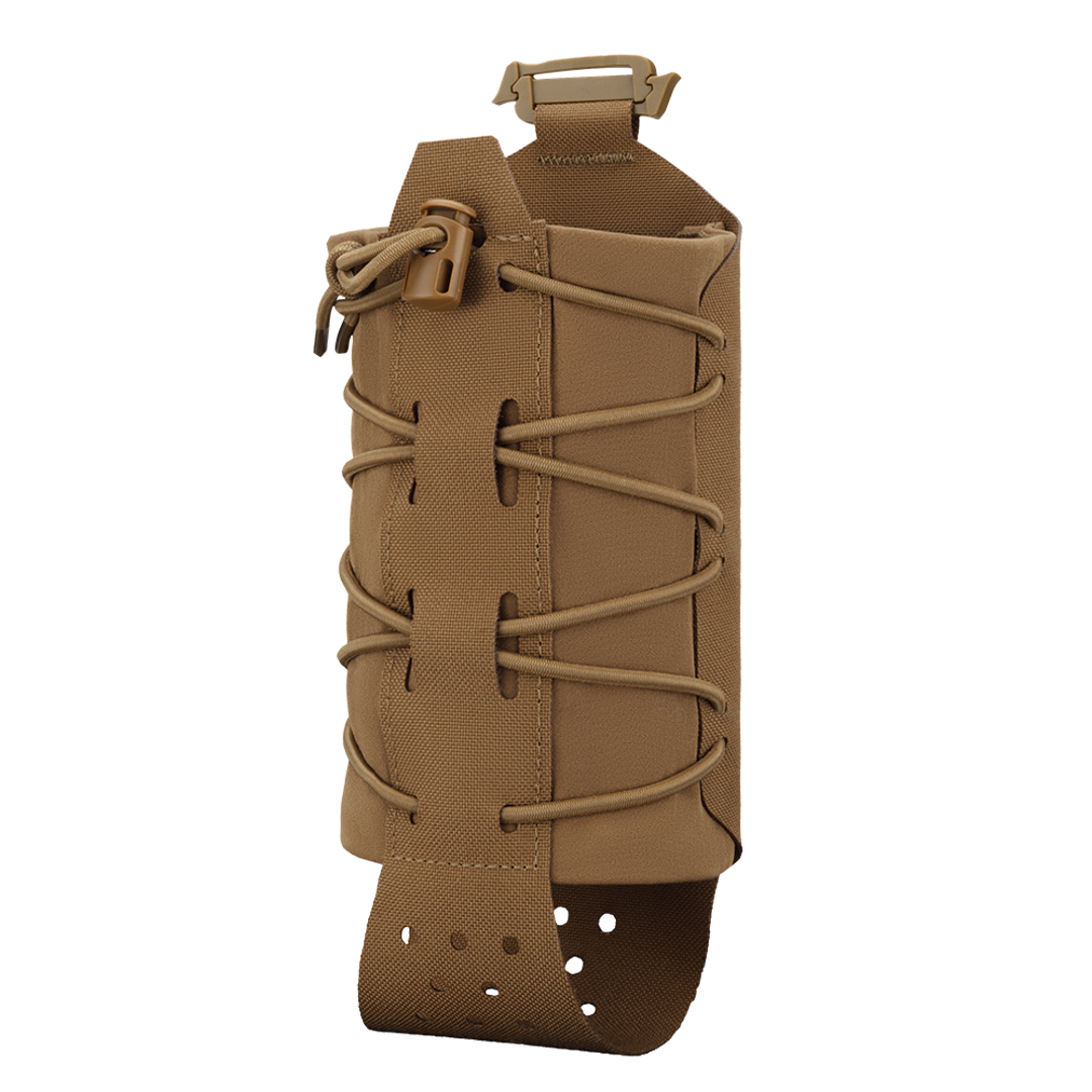 The Condor LACE Everything Pouch is a tan tactical pouch featuring adjustable bungee cord, buckle closure, and MOLLE-compatible straps, designed for holding magazines or similar items.