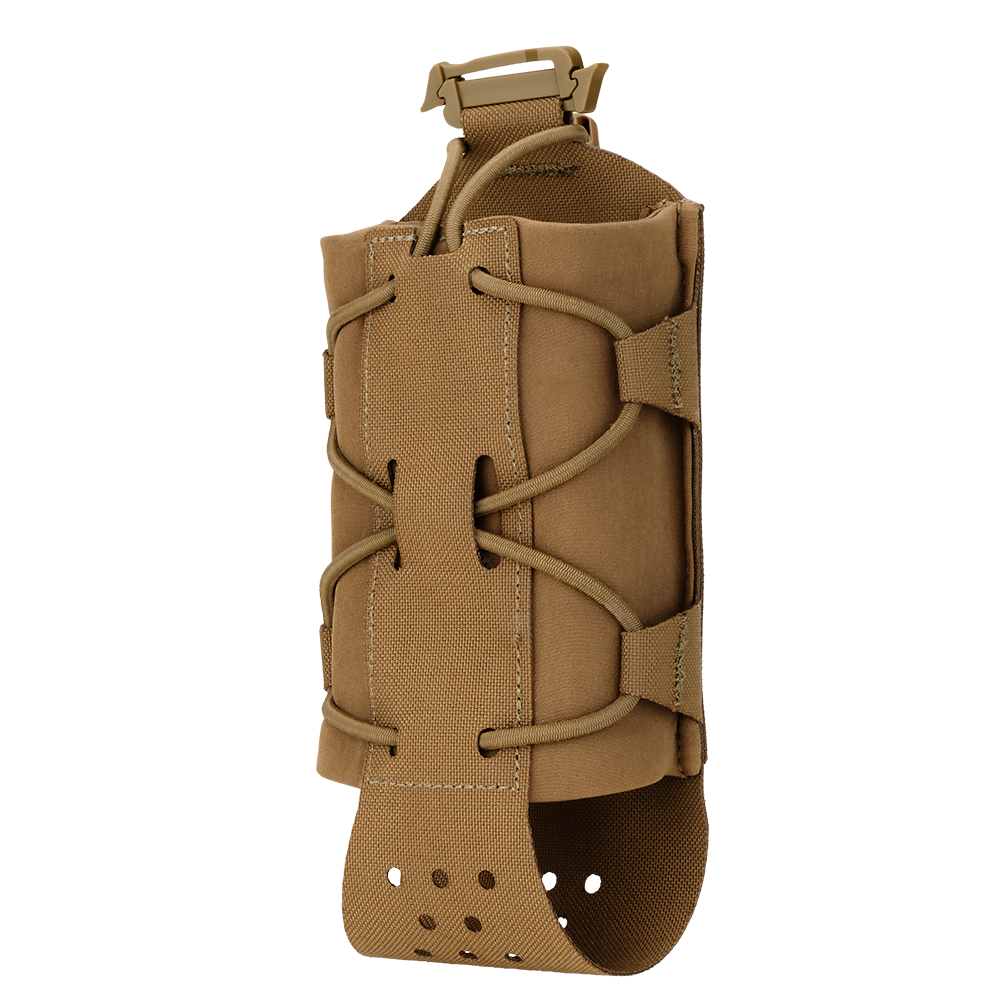 The Condor LACE Everything Pouch in Coyote Brown features adjustable bungee cords and a perforated bottom panel, designed for securely holding cylindrical objects or bottles.