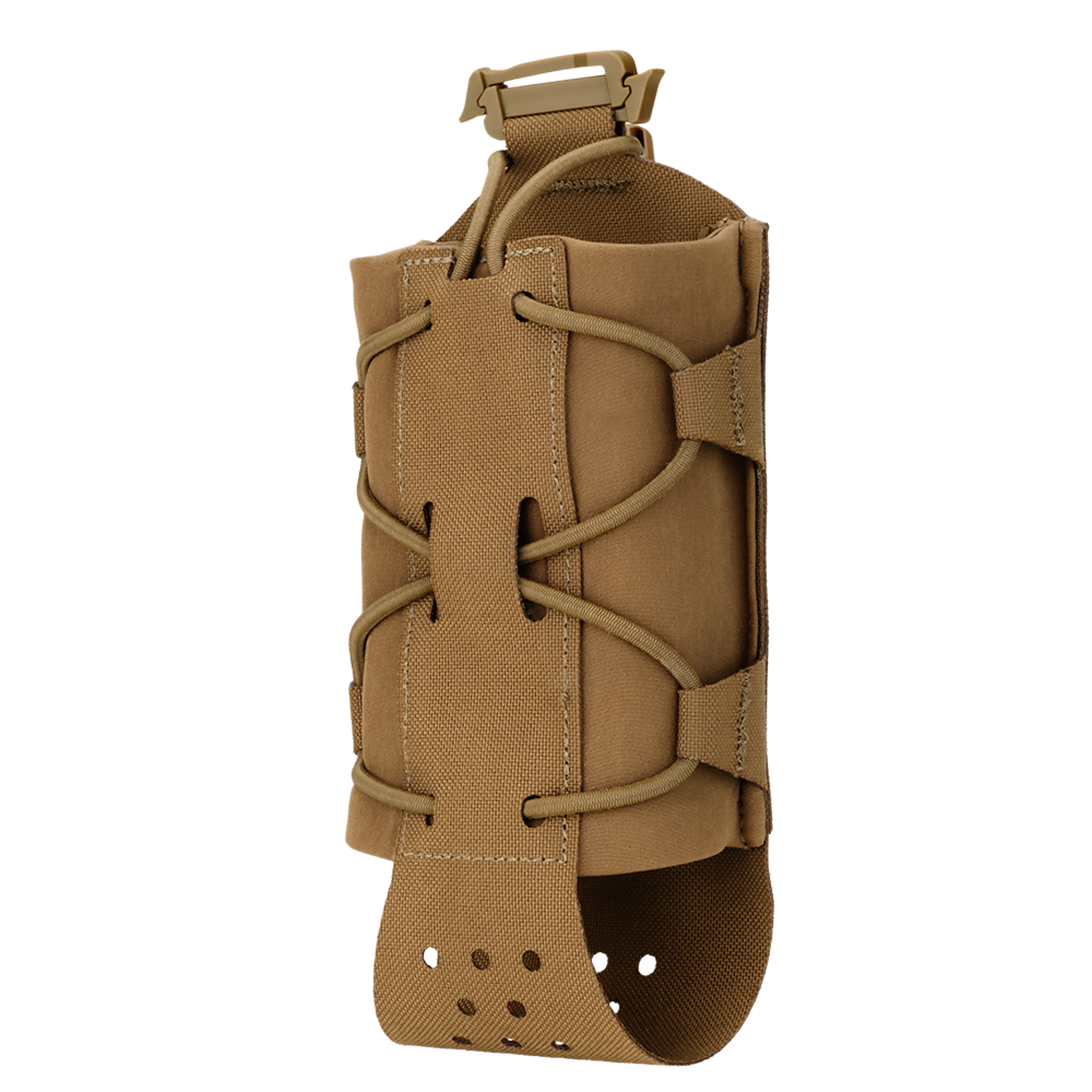 The Condor LACE Everything Pouch is a tan tactical pouch featuring adjustable shock cord lacing, a top buckle closure, and perforated fabric at the base.