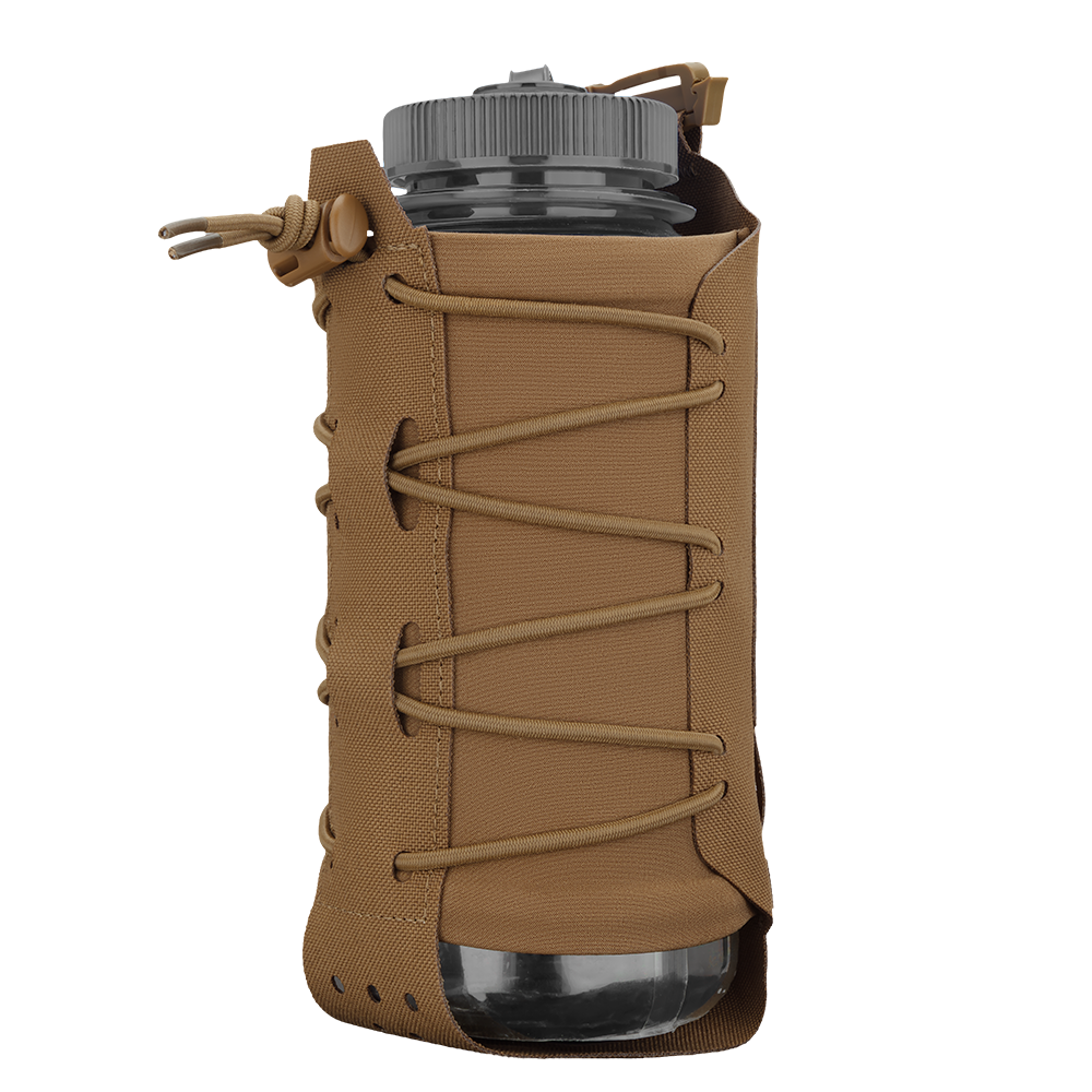The Condor LACE Everything Pouch, in brown fabric with a lace-up design and snap closure, securely holds a clear water bottle with a grey lid.