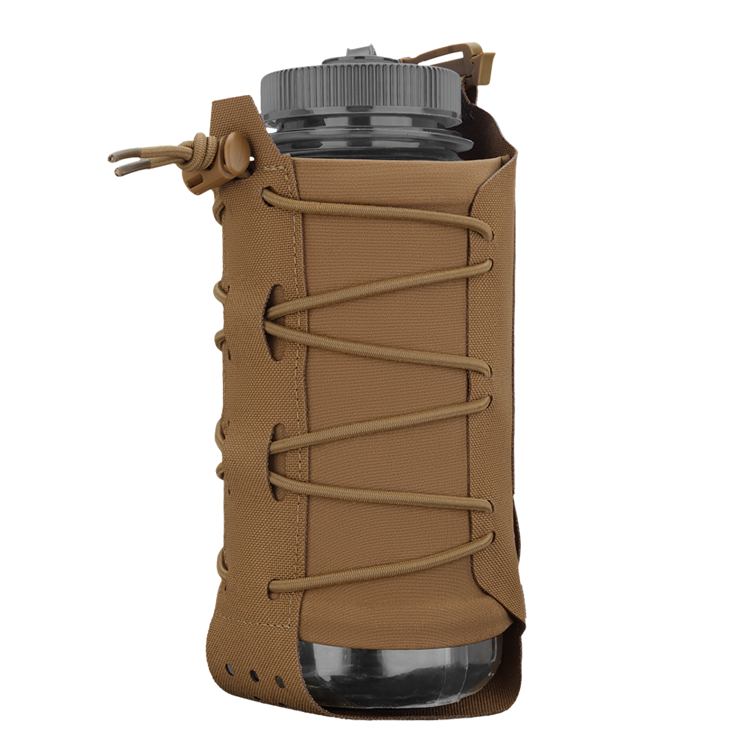 The Condor LACE Everything Pouch, in brown fabric with a lace-up design and snap closure, securely holds a clear water bottle with a grey lid.