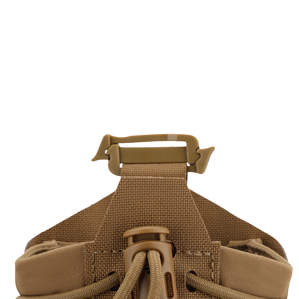 Close-up of the Condor LACE Everything Pouch's tan strap, featuring a plastic buckle and cord lock, shown against a white background.
