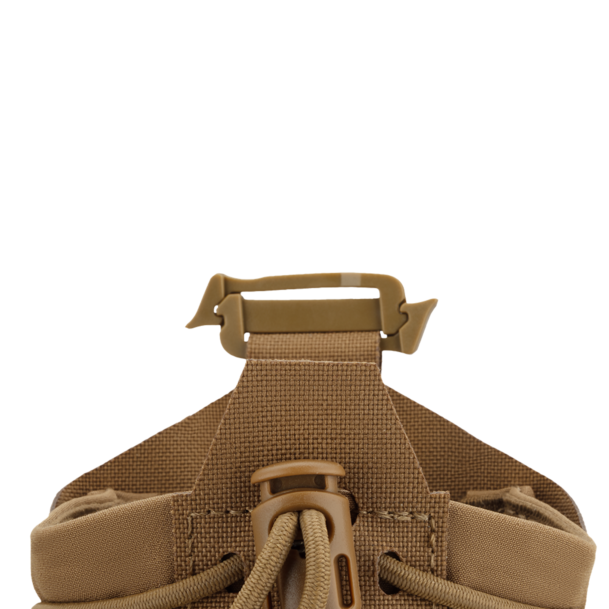 Close-up of the tan fabric strap with plastic buckle and cord lock on the Condor LACE Everything Pouch, shown against a plain white background.