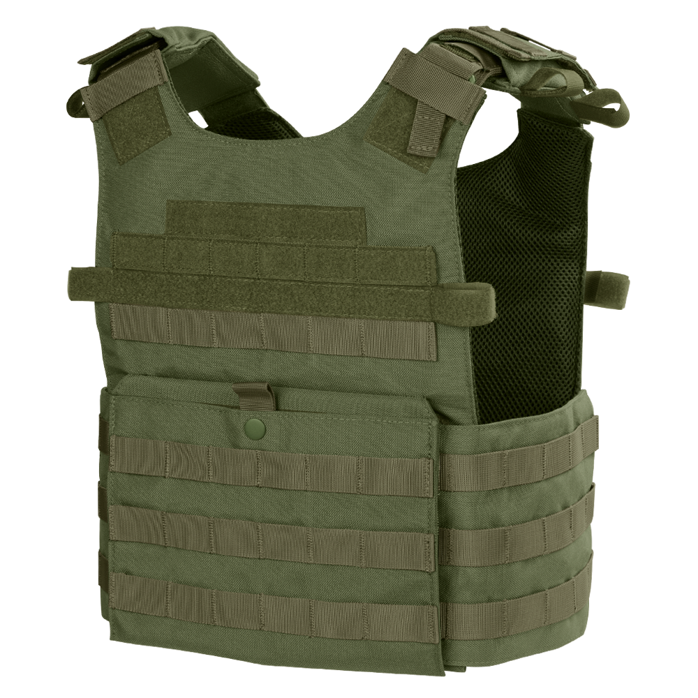 The Condor Gunner Plate Carrier in Olive Drab features adjustable shoulder straps, multiple MOLLE webbing rows, and a front pouch for extra gear or armor plates.