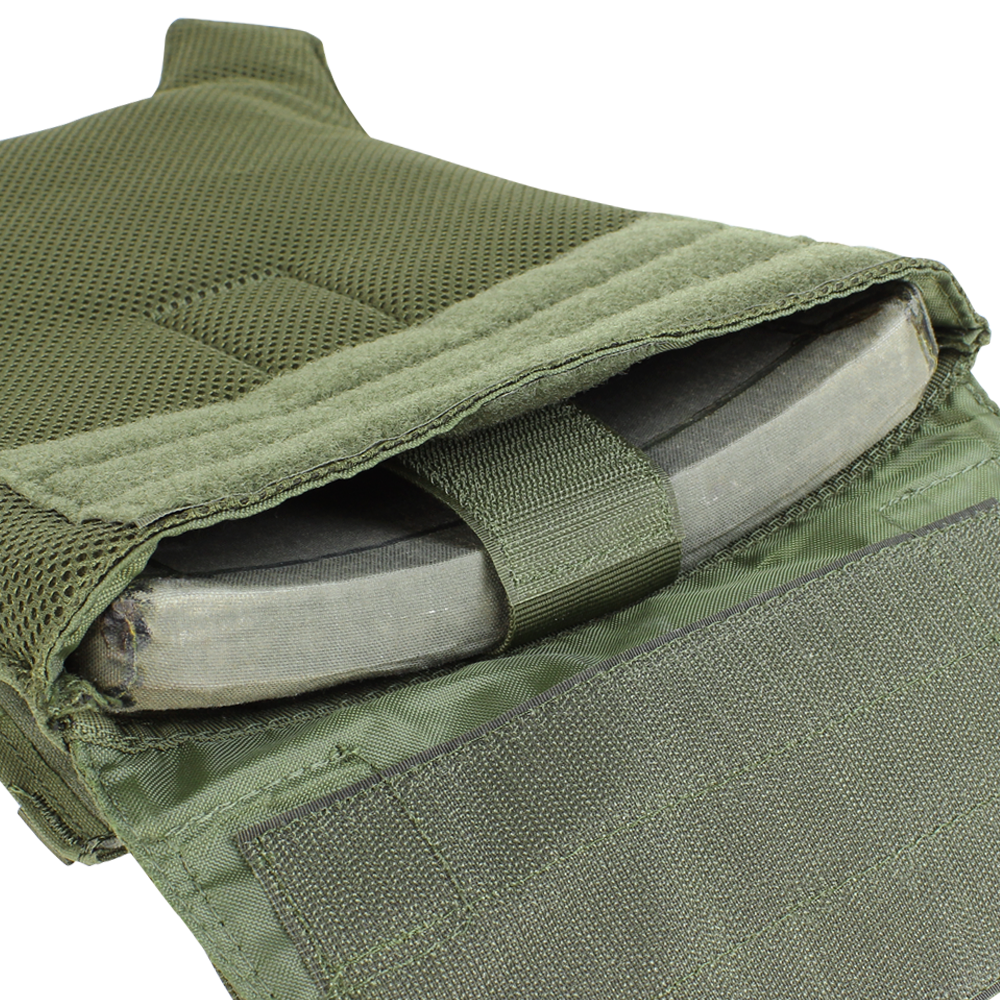 A Condor Gunner Plate Carrier in MultiCam is partially opened to show a curved metal plate or magazine inside.