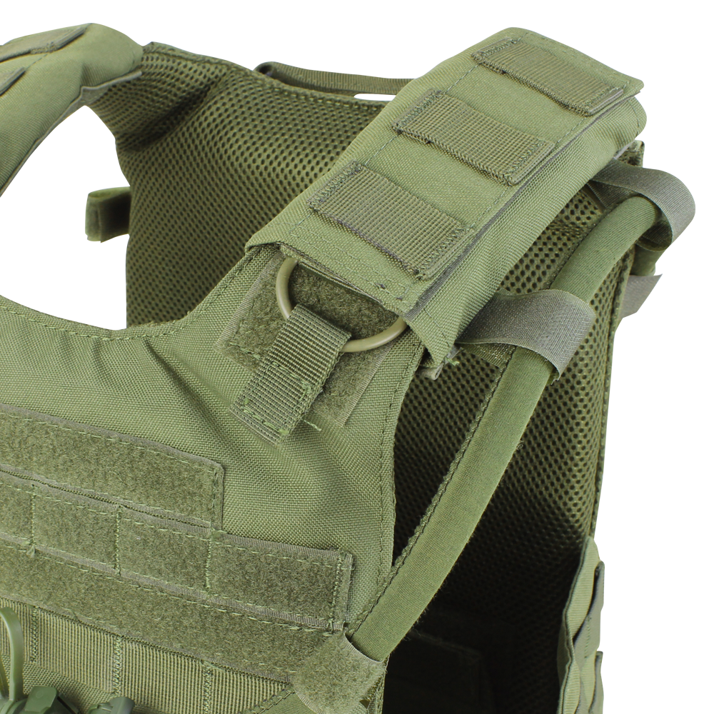 Close-up of the Condor Gunner Plate Carrier in MultiCam, featuring adjustable shoulder straps, hook-and-loop panels, and MOLLE webbing for gear attachment.