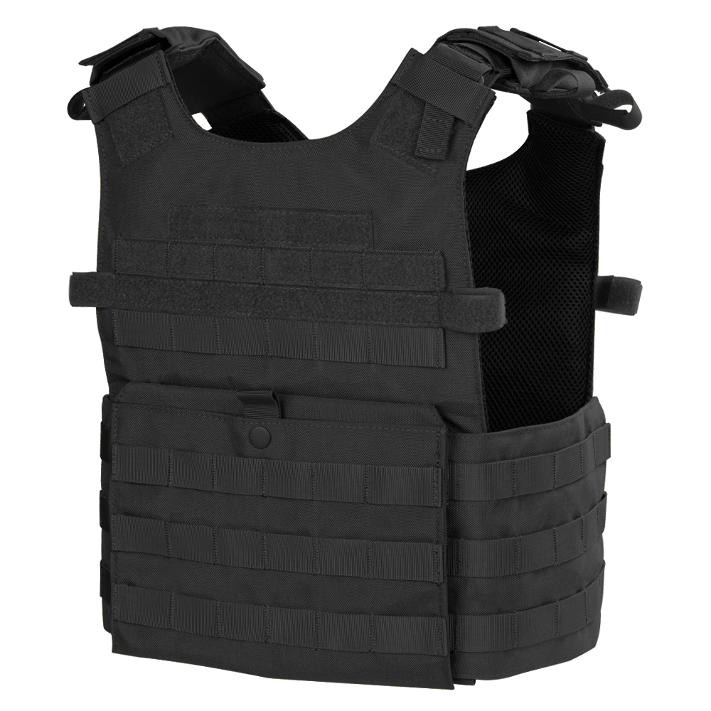 The Condor Gunner Plate Carrier is a black tactical vest with adjustable shoulder straps, front Velcro patches, and MOLLE webbing—perfect for the shooting range or first responders.