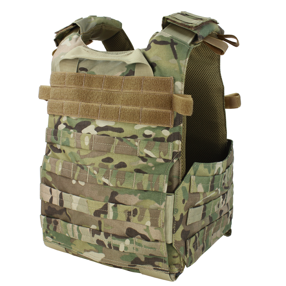 The Condor Gunner Plate Carrier in MultiCam features adjustable shoulder straps, mesh lining, Velcro patches, and multiple webbing rows for accessories, displayed on a white background.