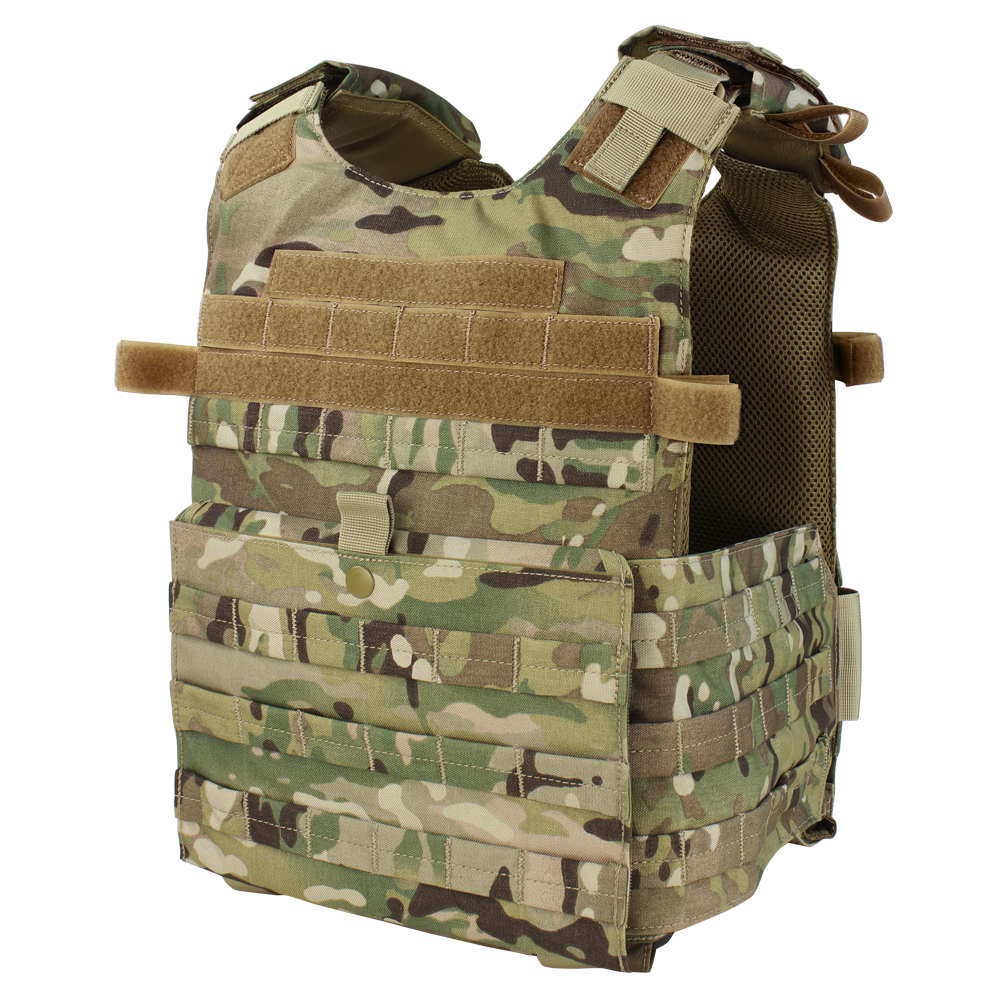 The Condor Gunner Plate Carrier in MultiCam features multiple pouches and Velcro straps, designed to securely hold armor plates and tactical gear.