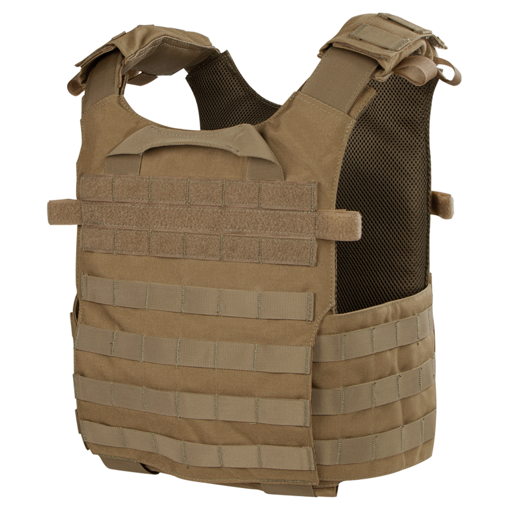 The Condor Gunner Plate Carrier is a tan tactical vest with multiple MOLLE webbing strips and adjustable shoulder straps, designed for carrying gear and providing ballistic protection—ideal for law enforcement or shooting range use.