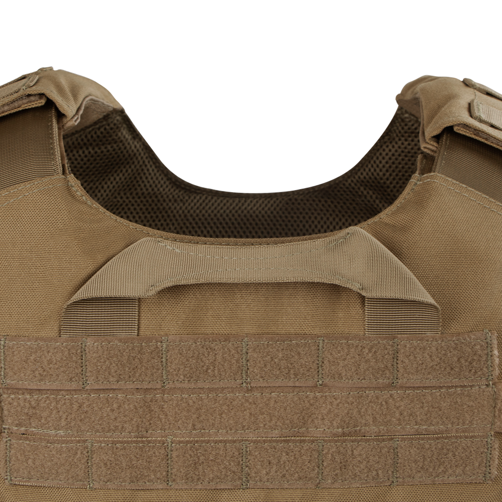 Close-up of the Condor Gunner Plate Carrier featuring padded shoulders, reinforced handle, and front webbing—ideal for EDC or first responder use.