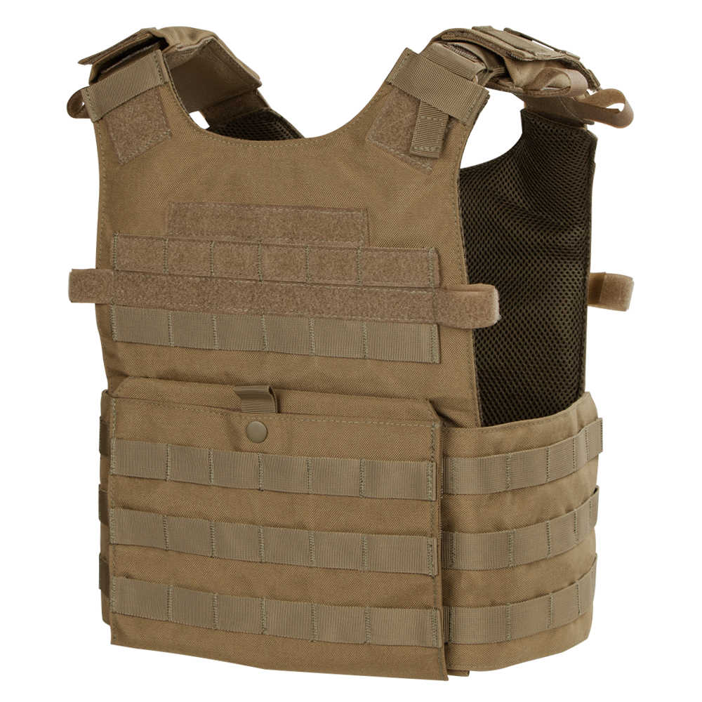 The Condor Gunner Plate Carrier in tan features adjustable shoulder straps, MOLLE webbing, and a front pocket—ideal for military or EDC use—shown on a plain background.