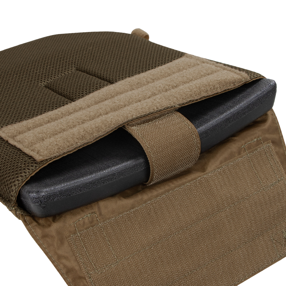 The Condor Gunner Plate Carrier features a partially open brown tactical pouch, revealing a black ballistic plate secured by Velcro—perfect for law enforcement or first responder EDC needs.