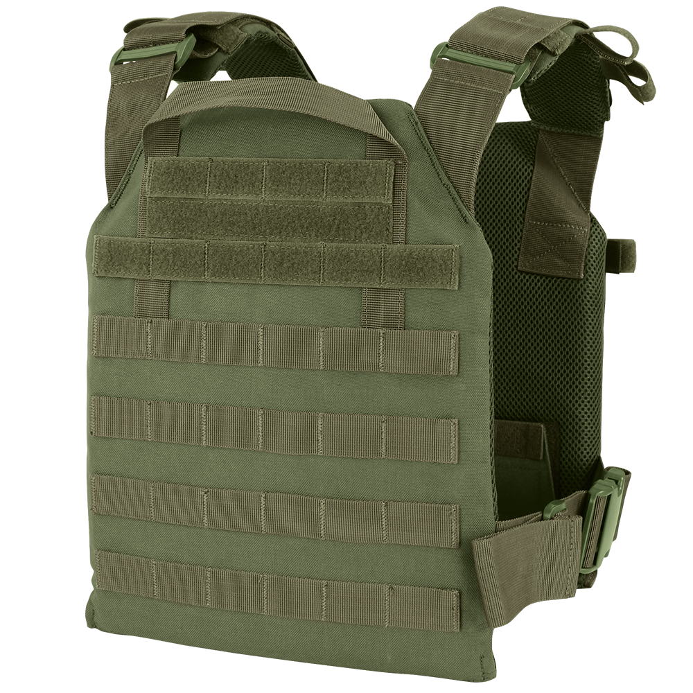 The Condor Sentry Plate Carrier is an olive green tactical vest featuring adjustable straps, front MOLLE webbing, and mesh padding on the sides and back.