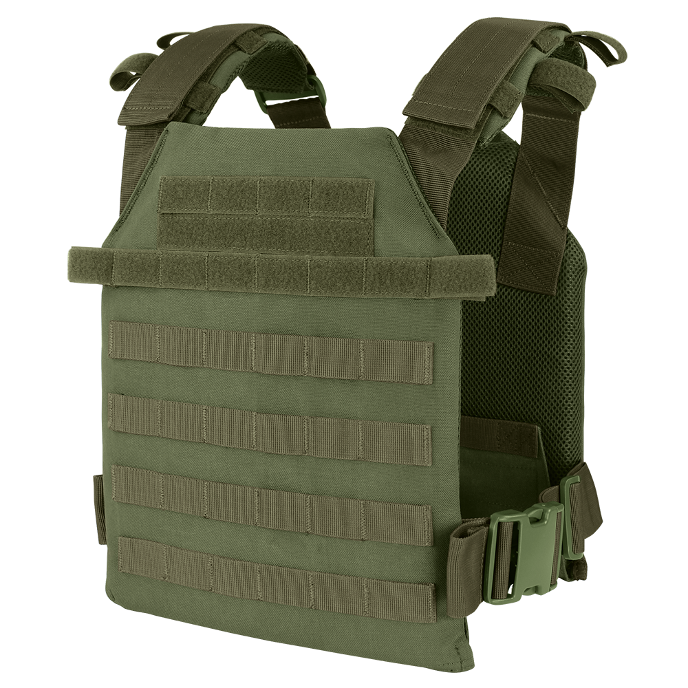 The Condor Sentry Plate Carrier in Olive Drab features adjustable shoulder straps, a front hook-and-loop panel, and horizontal webbing for attachments.