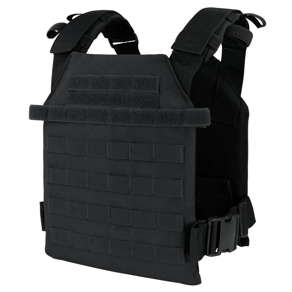 The Condor Sentry Plate Carrier features adjustable shoulder straps, multiple attachment points, and side buckles, designed to securely hold protective armor plates for law enforcement and military use.