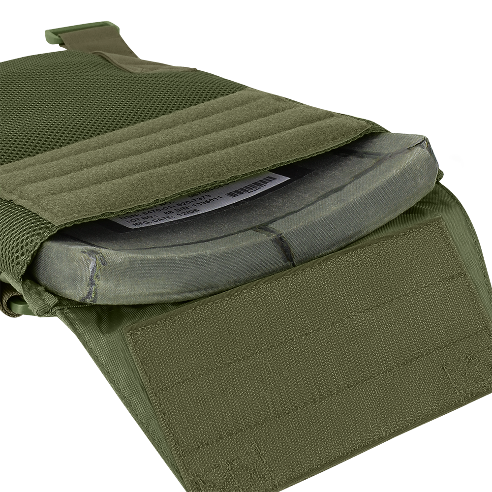 Close-up of the Condor Sentry Plate Carrier in olive green, showing an armor plate partially inserted into its Velcro-secured compartment.