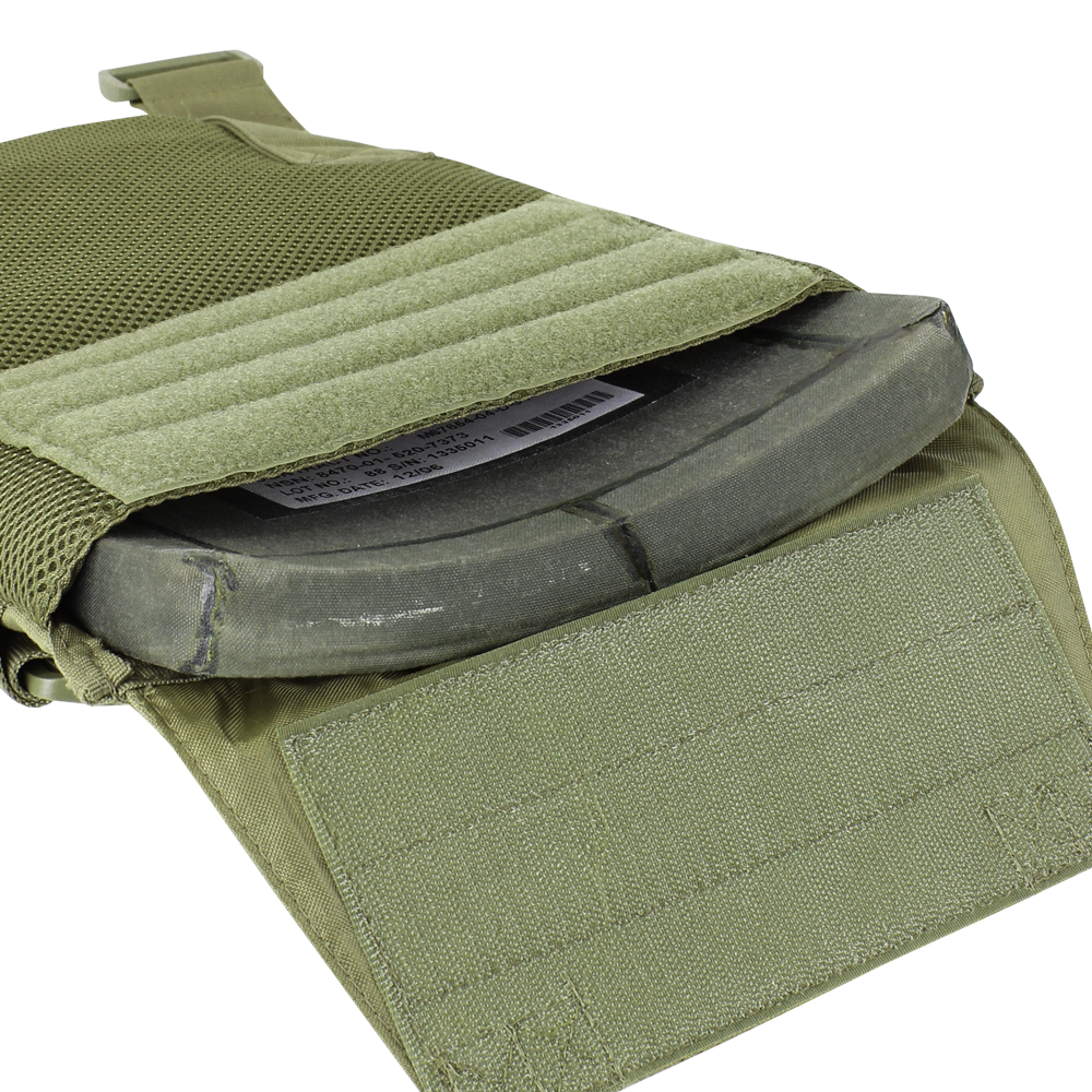 A close-up of the Condor Sentry Plate Carrier in MultiCam Black shows a ballistic plate partially inserted in its front pocket, designed for military or first responder use.