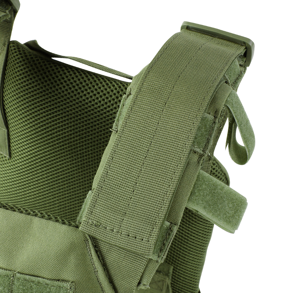 Close-up of the Condor Sentry Plate Carrier in MultiCam Black showing reinforced stitching, mesh padding, and Velcro straps—essential gear for military or first responders.