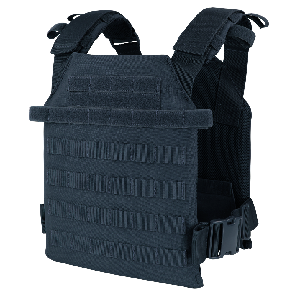 The Condor Sentry Plate Carrier is a black tactical vest with adjustable shoulder and side straps plus multiple webbing rows for gear—ideal for everyday carry or range use.