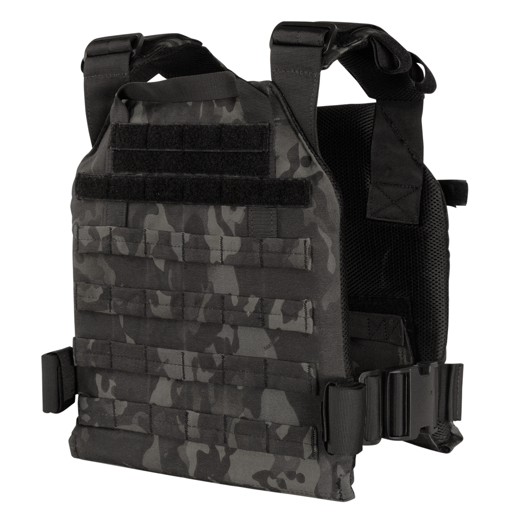 The Condor Sentry Plate Carrier in MultiCam Black features adjustable shoulder straps, webbing for attachments, and secure side buckles.