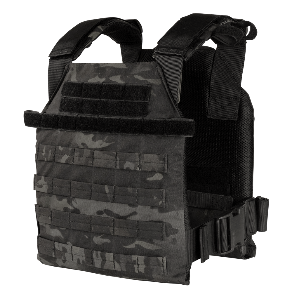 The Condor Sentry Plate Carrier in MultiCam Black features adjustable straps, front MOLLE webbing, and a side-release waist buckle for secure fit and utility.