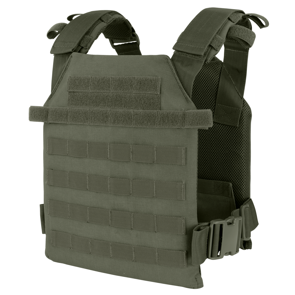 The Condor Sentry Plate Carrier in olive green features multiple attachment points, adjustable shoulder straps, and side buckles—ideal for bushcraft or everyday EDC—shown on a plain background.