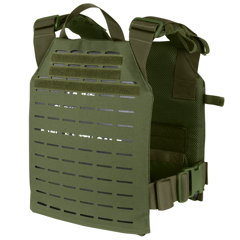 The Condor LCS Sentry Plate Carrier is a green tactical vest featuring multiple straps for secure and adjustable fit.