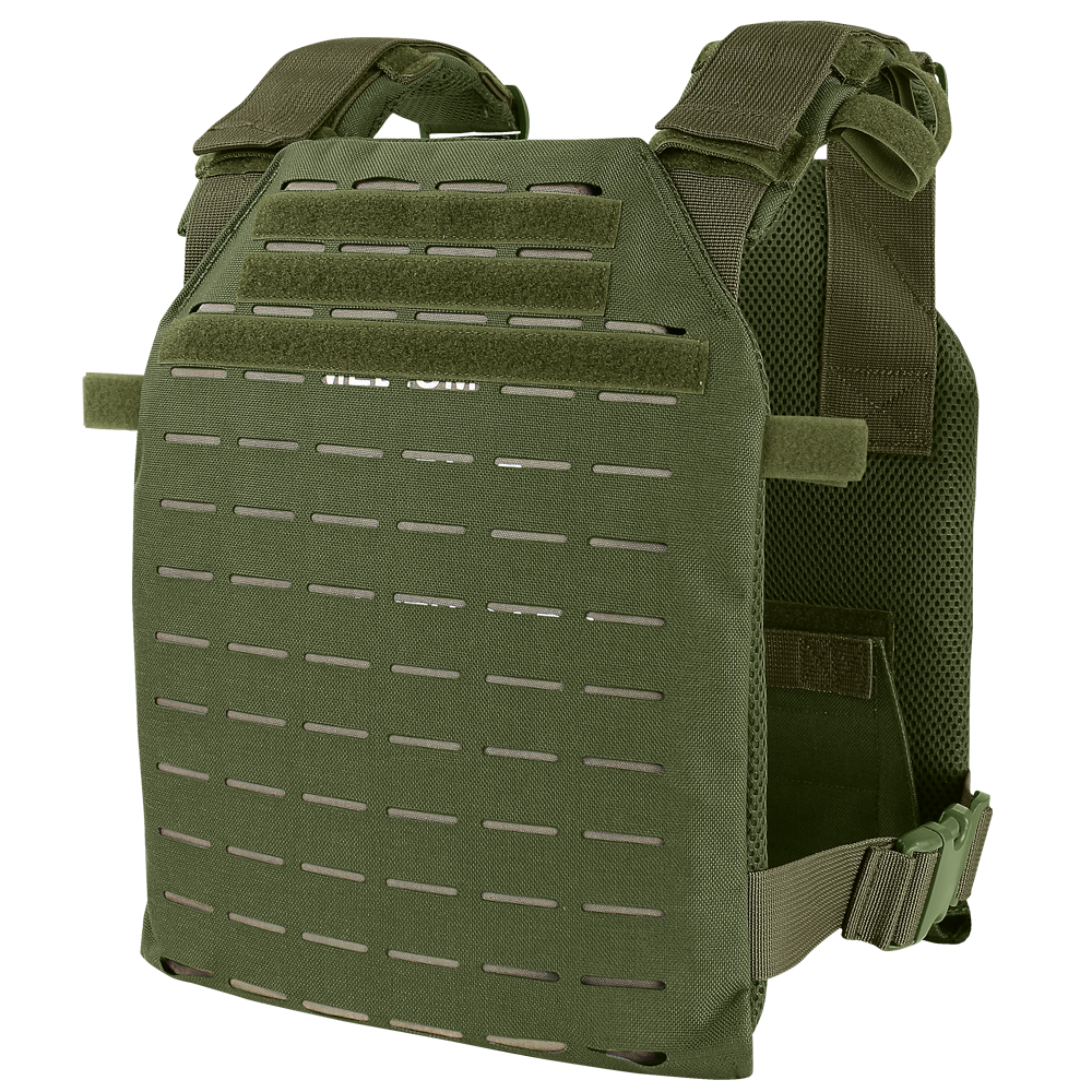 The Condor LCS Sentry Plate Carrier in Olive Drab features adjustable shoulder straps, a laser-cut MOLLE panel, and interior mesh padding for comfort.