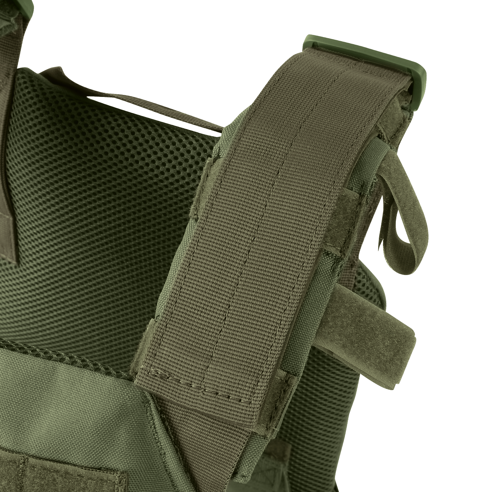 Close-up of the shoulder strap and upper section of the Condor LCS Sentry Plate Carrier in green, highlighting its stitching, mesh padding, and Velcro fastening.