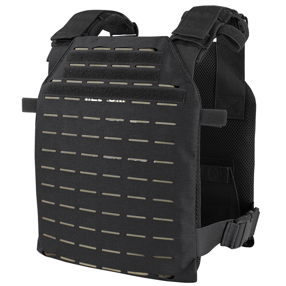 The Condor LCS Sentry Plate Carrier is a black tactical vest with adjustable shoulder straps and MOLLE front panel, designed to hold armor plates and modular EDC attachments for Law Enforcement or First Responders.